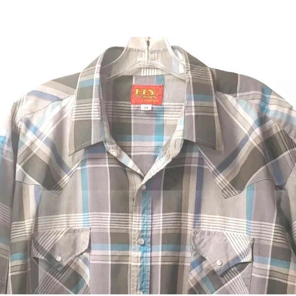 Ely Plains Pearl Snap Shirt Western Cowboy Rodeo Men Sz 2X Grey Plaid Vintage